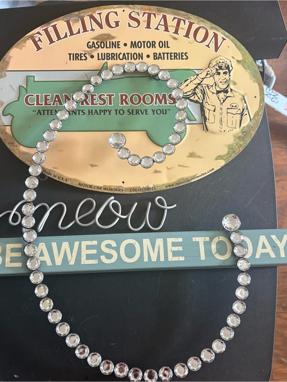 Wall decor bundle rhinestone C,meow,advertisement tin,wooden sign free standing